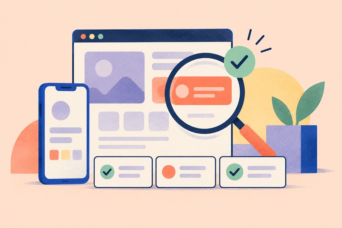 Illustration of a website and mobile app under a QA magnifying glass